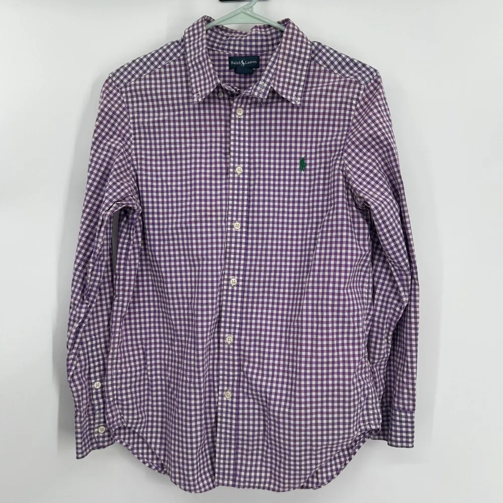 Ralph Lauren Kids Purple Gingham Check Button Down Long Sleeve Shirt L 14-16